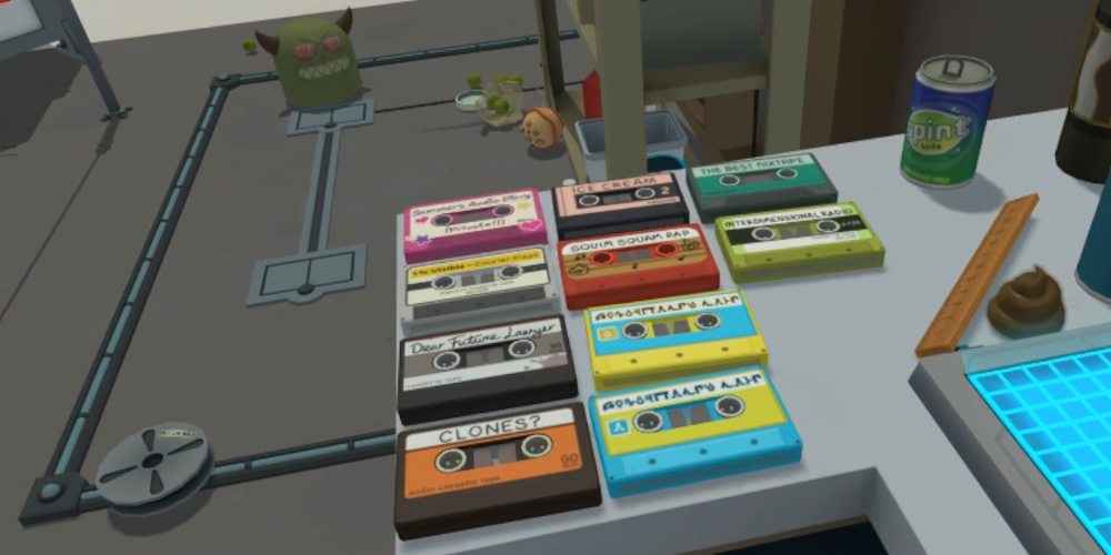 A collection of 10 audio cassettes on the work bench in Rick's garage. Titles include "Dear Future Lawyer", "Clones", "Ice Cream" and "The Best Mix Tape".