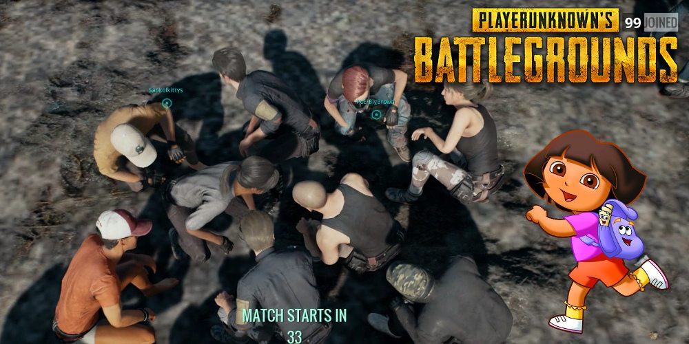A group of players huddled in the middle of a dance in 'PLAYERUNKNOWN'S BATTLEGROUNDS'. Dora flanks the image on the right.