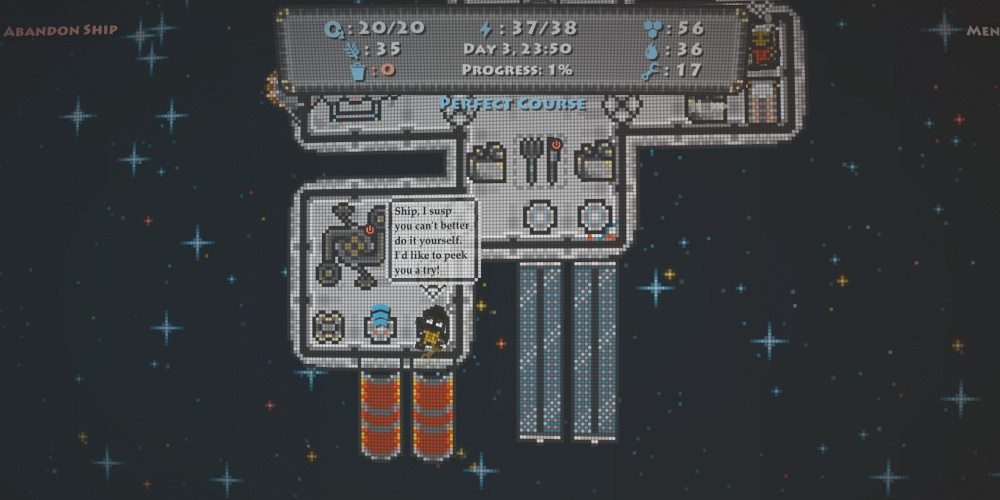 A shot of most of the game screen in 'Destination Ares' showing part of the ship, resource levels, and a crew member talking to the ship.