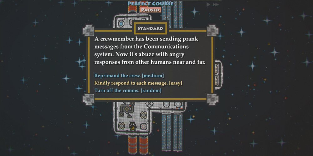 A random event in 'Destination Ares'. This particular event has a crew member sending prank messages, and the ship being inundated with angry responses.