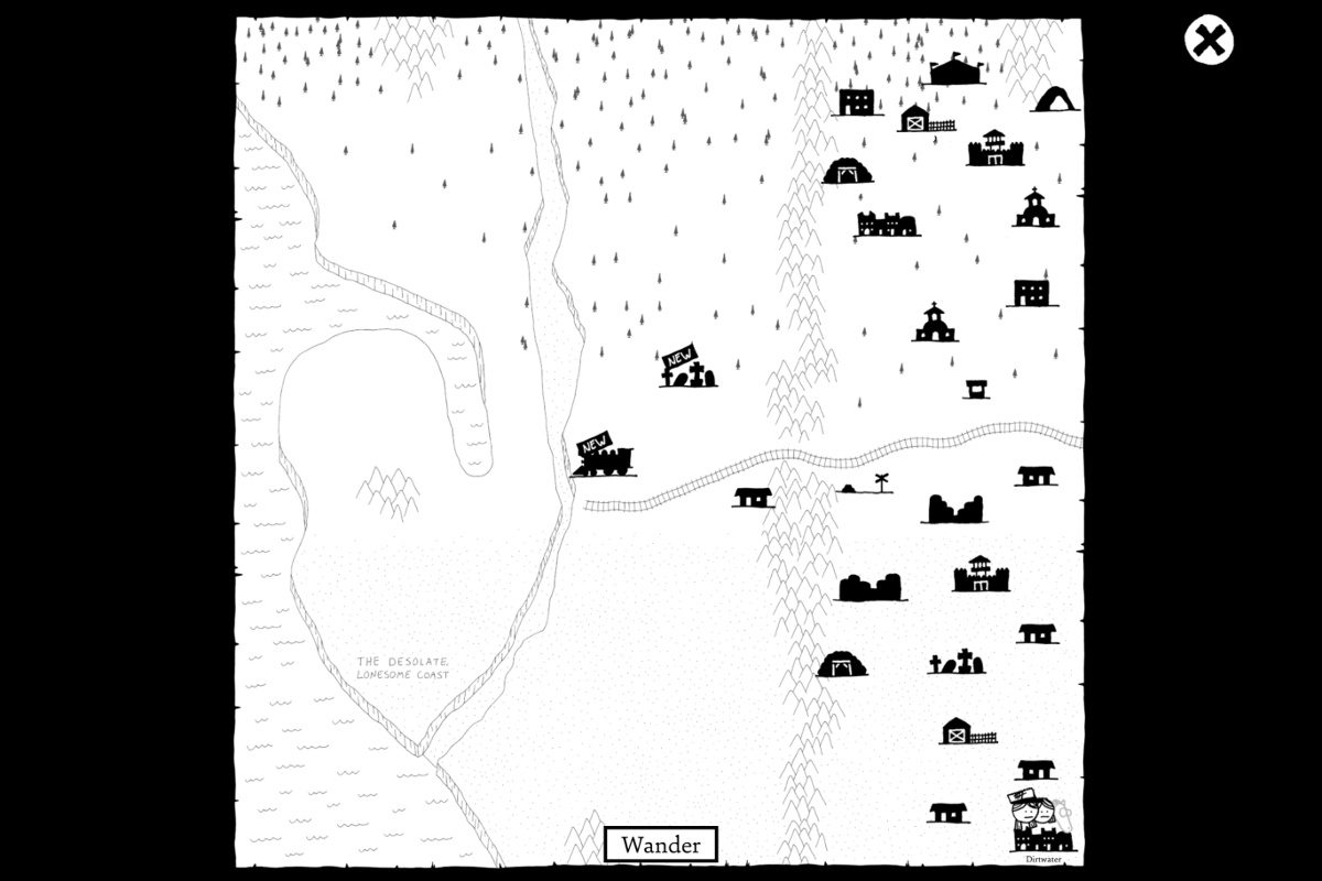 The in-game world map in West of Loathing, with the names of locations removed.