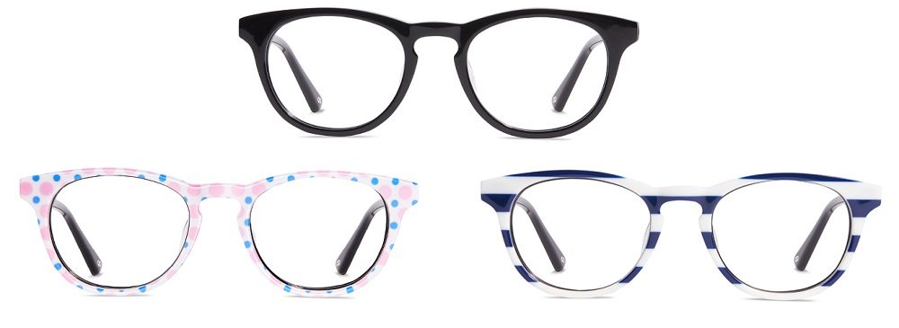 Three pairs of round glasses in black, pink and blue polka-dot, and blue and white horizontal stripe
