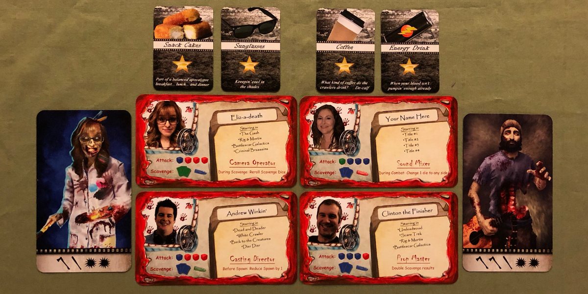 Actors, and the back side of some actor cards showing the actor's zombified version in Adventures in Zombiewood. Also on display are four star power cards with items such as sunglasses or coffee shown on them.