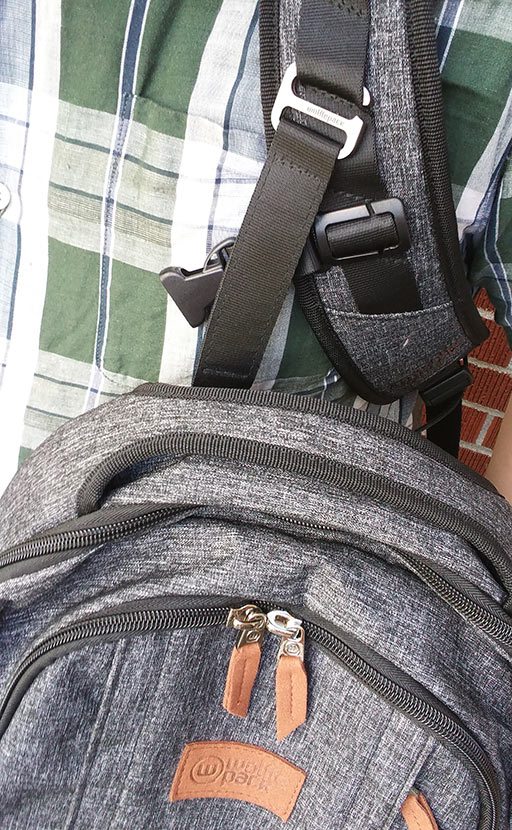 Pack attached to front of strap by metal clip