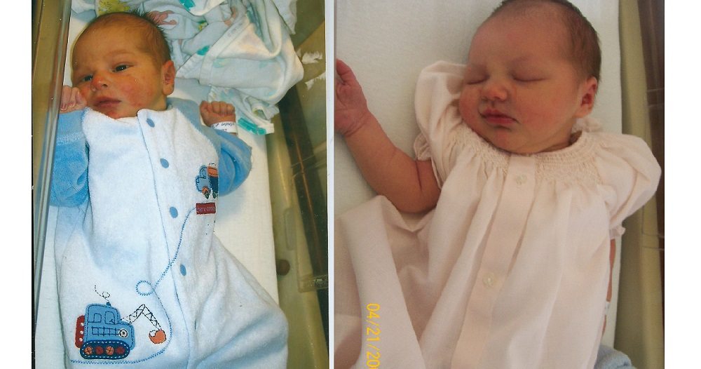 Two pictures, side by side, of siblings as newborns, one in blue pajamas with construction vehicles on them, the other in a lacy pink dress.
