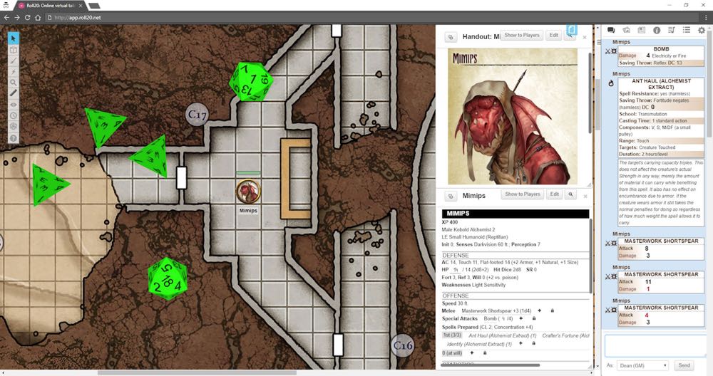 Roll20 Screen with map and monster stats