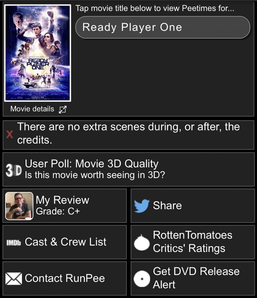RunPee info screen for Ready Player One.