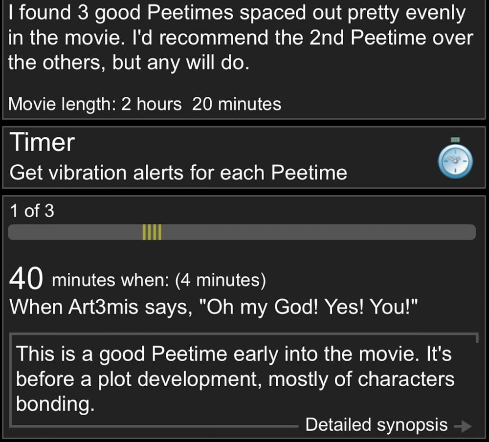 RunPee peetime info for Ready Player One.