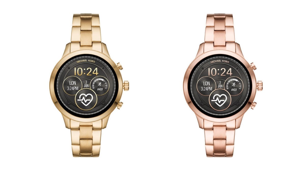 Michael Kors Access Runway smartwatch with Google Wear OS in gold-tone and rose gold-tone finish.