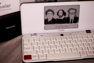 Freewrite standing by its box