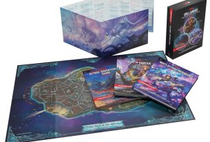 The Spelljammer resource including three books, a map, a dungeon master's screen, and a sleeve for storage.