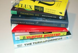 Stack of books: Flux, Thinking 101, A Half-Built Garden, Liberation Day: Stories, Vampire Weekend, The Terraformers