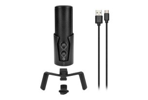 A photo of a black microphone, including its stand and USB-C charging cable.