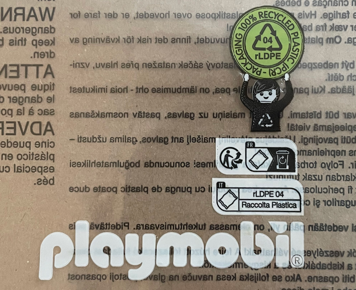 Photo of plastic packaging showing 100% recycled content and type of plastic for recycling - rLDPE.