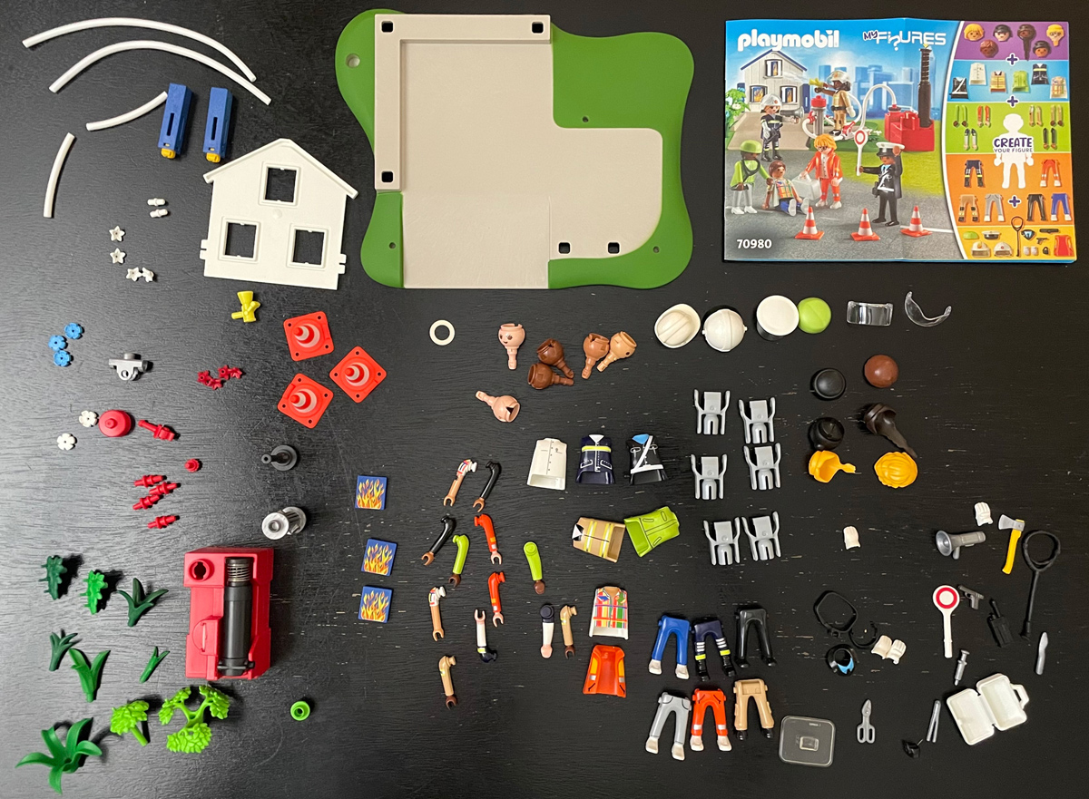 All parts from Rescue Mission set laid out on table.