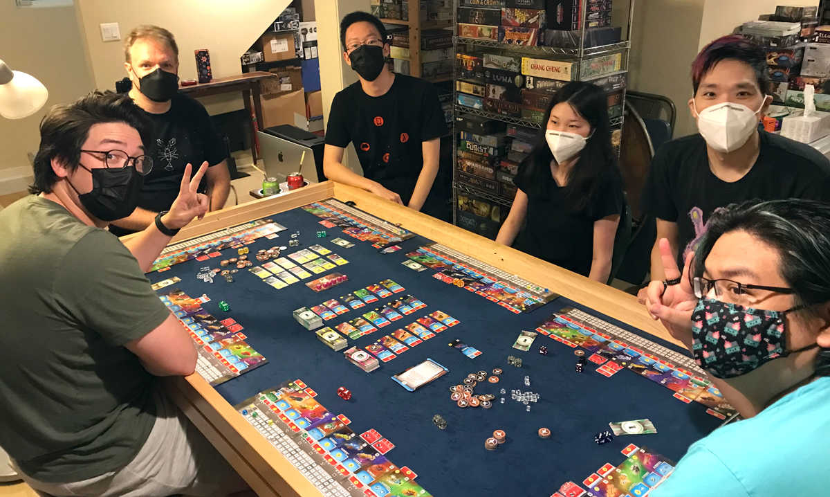 7-player game of Space Base in progress