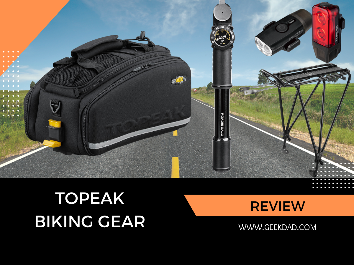 Topeak bag, hand pump, rack, and lights