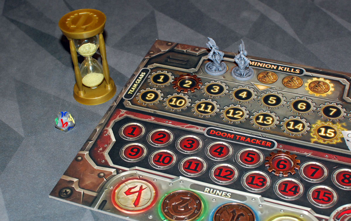 Mechs vs. Minions gear tracker board and hourglass